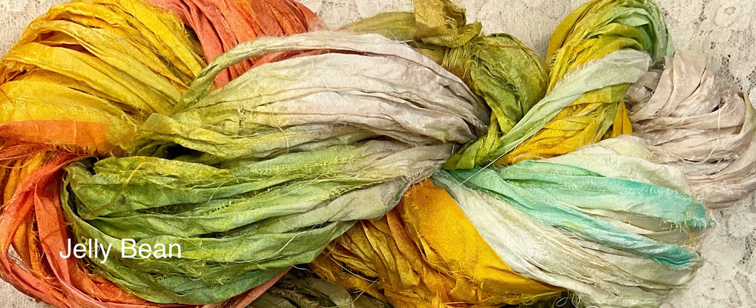 Sari Silk Yarn -50 yds- hand dyed colors- Jellybean-Pistachio-Peaches -Great Adirondack