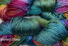 Load image into Gallery viewer, Silk Bamboo sport wt Yarn 325 yds Hand Dyed -Stained Glass-Sundance -Great Adirondack
