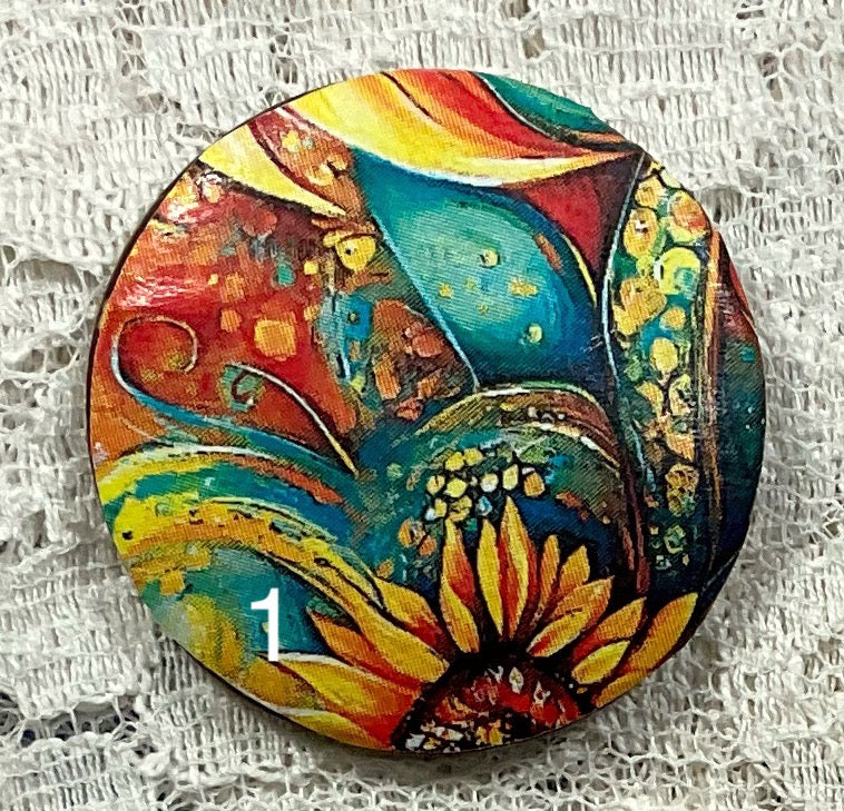 1.18” Buttons- Turquoise and Sunflowers- geometric designs-assorted-Great Adirondack-handcrafted-price is per button