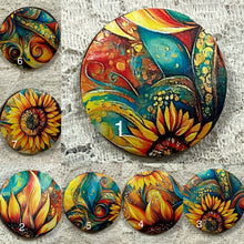 Load image into Gallery viewer, 1.18” Buttons- Turquoise and Sunflowers- geometric designs-assorted-Great Adirondack-handcrafted-price is per button
