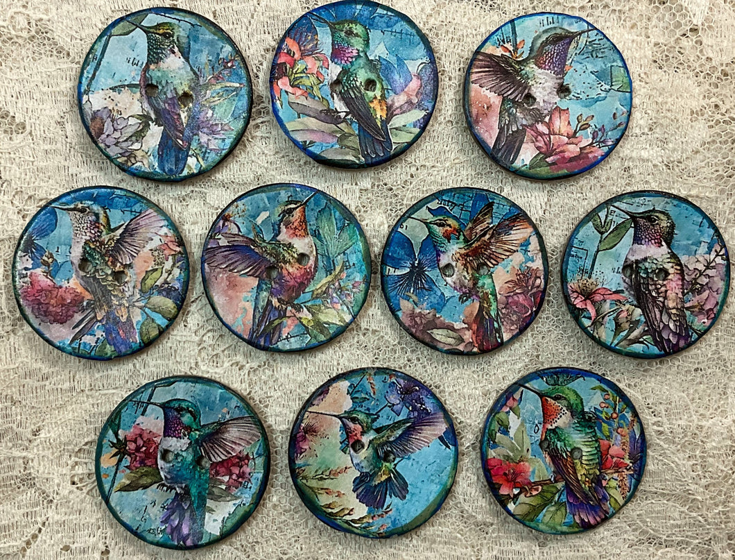 .18” Buttons-Hummingbirds with aqua floral backgrounds-assorted-Great Adirondack-handcrafted-price is per button