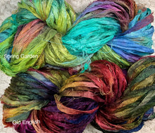 Load image into Gallery viewer, Sari Silk Yarn -50 yds- hand dyed -Old English- Spring Garden-Great Adirondack
