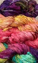 Load image into Gallery viewer, Sari Silk Yarn -50 yds- hand dyed colors-Eggplant Eddie-Melon Mollie-Lemondrop Lulu-Fiesta-Great Adirondack
