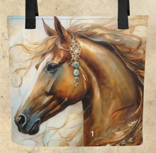 Load image into Gallery viewer, Colorful Horse Totes-15” x 15”-Fantasy Horse Prints-craft tote-knitting bag-grocery tote-beach bag-assorted colors-price is per tote
