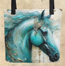 Load image into Gallery viewer, Colorful Horse Totes-15” x 15”-Fantasy Horse Prints-craft tote-knitting bag-grocery tote-beach bag-assorted colors-price is per tote
