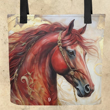 Load image into Gallery viewer, Colorful Horse Totes-15” x 15”-Fantasy Horse Prints-craft tote-knitting bag-grocery tote-beach bag-assorted colors-price is per tote
