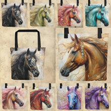 Load image into Gallery viewer, Colorful Horse Totes-15” x 15”-Fantasy Horse Prints-craft tote-knitting bag-grocery tote-beach bag-assorted colors-price is per tote
