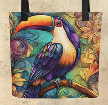 Load image into Gallery viewer, Colorful Birds Tote- 15” x15”-Tropical birds-hummingbirds- assorted prints-craft tote-grocery tote-book bag-beach tote-
