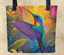 Load image into Gallery viewer, Colorful Birds Tote- 15” x15”-Tropical birds-hummingbirds- assorted prints-craft tote-grocery tote-book bag-beach tote-
