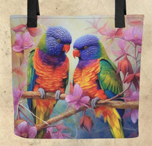 Load image into Gallery viewer, Colorful Birds Tote- 15” x15”-Tropical birds-hummingbirds- assorted prints-craft tote-grocery tote-book bag-beach tote-
