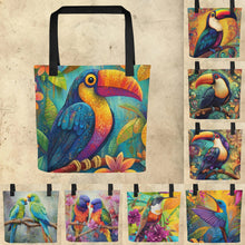 Load image into Gallery viewer, Colorful Birds Tote- 15” x15”-Tropical birds-hummingbirds- assorted prints-craft tote-grocery tote-book bag-beach tote-
