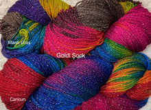 Load image into Gallery viewer, Goldi Socks sparkle Merino Superwash Yarn 437 yds Hand Dyed colors- Cancun-Mardi Gras-Great Adirondack
