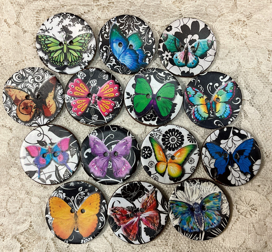 Button 1.25” Butterflies on black and white background-assorted- Handcrafted -Great Adirondack-New
