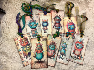Bookmarks, 2.50” x 5”, Steampunk lil monsters,Hang tags, embellished, ribbons,, assorted