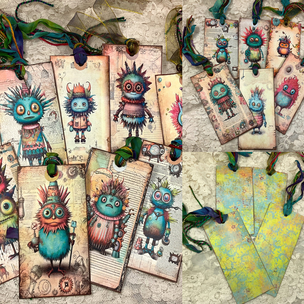 2.50” x 5” Bookmarks, Hang tags, embellished, ribbons, double sided,Steampunk lil monsters, assorted