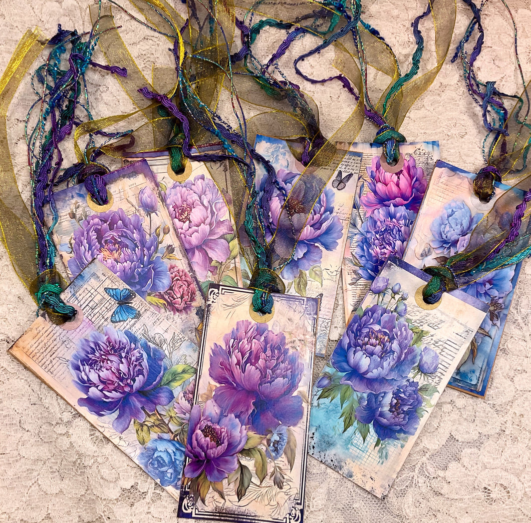 Bookmarks, 2.50” x 4.75”, Purple Peonies,Hang tags, embellished, ribbons, assorted