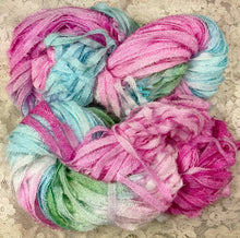 Load image into Gallery viewer, Ribbon Yarn 75 yds with crystal flash aran wt hand dyed Wisteria- Confetti-Great Adirondack
