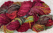 Load image into Gallery viewer, Rayon wrapped with Chenille Worsted wt Yarn 100 yds Hand Dyed Colors Wineberry- Old English- New!
