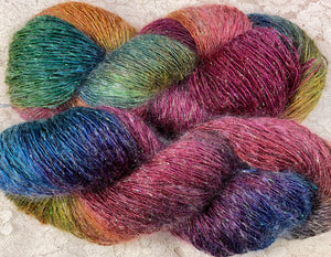 Silk Kid Mohair Sparkle Sport Yarn 325 yds Hand Dyed Color Hummingbird-Very Berry-Parrotfish