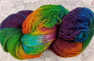 Sock yarn gold sparkle merino Superwash 417 yds hand dyed-Parrotfish-Fall Brights-Hummingbird-Foliage