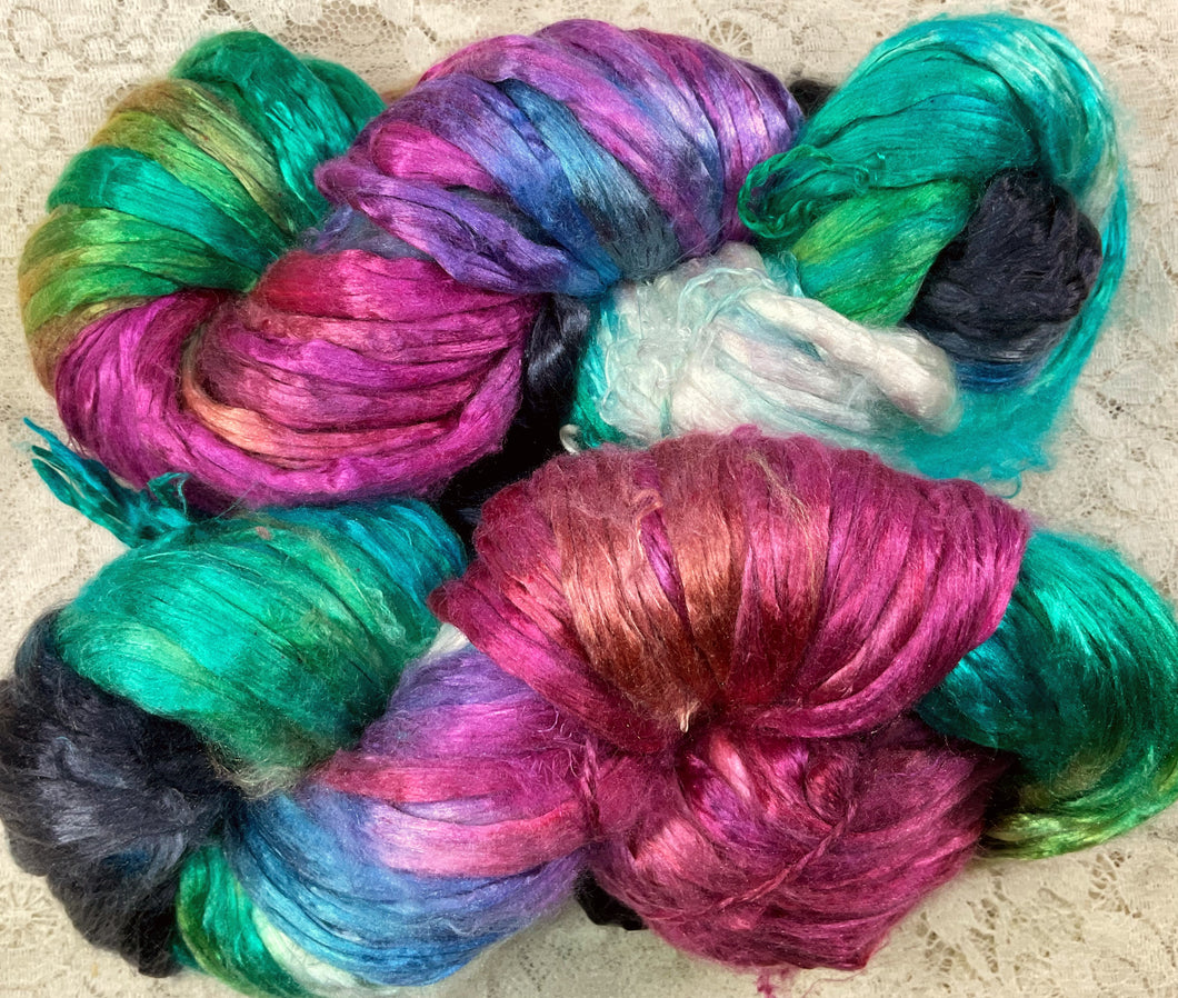 Silk Roving hand dyed 4 oz-CLOSEOUT- High Desert-Blue Macaw-Rooster- Great Adirondack-Closeout