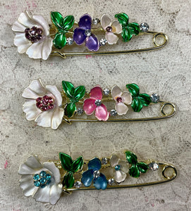 Rhinestone and Flowers  Shawl Pins -Hair Pins 3” assorted colors- Great Adirondack