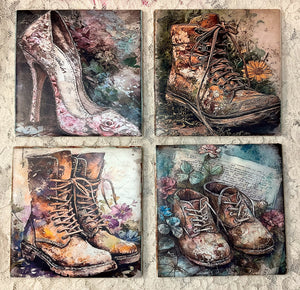 Ceramic Tiles- Coasters-- shoes- boots- Vintage Prints 4.25'x4.25"