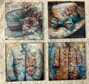 Ceramic Tile -Coaster--Vintage prints- jackets-hats- 4.25” x4.25”  Great Adirondack Yarn co.
