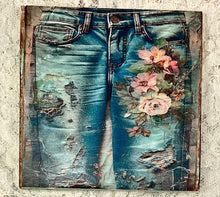 Load image into Gallery viewer, Ceramic Tile Coaster -Vintage prints- hippie blue jeans-4.25” x4.25”  Great Adirondack Yarn co.
