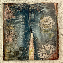 Load image into Gallery viewer, Ceramic Tile Coaster -Vintage prints- hippie blue jeans-4.25” x4.25”  Great Adirondack Yarn co.
