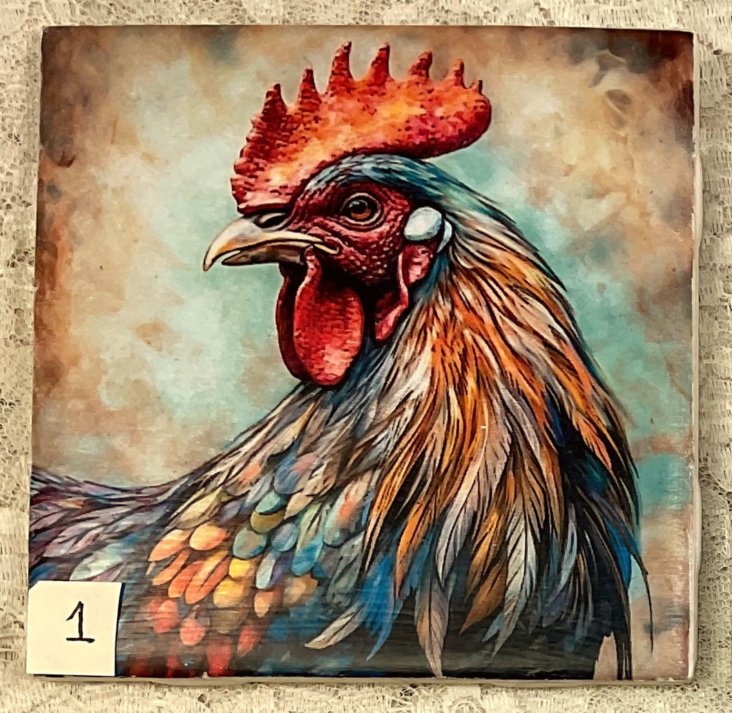 Ceramic Tiles-Coasters- Vibrant Roosters-1-6- 4.25” x4.25” coasters  - Great Adirondack Yarn co.