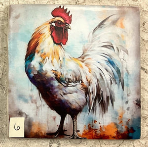 Ceramic Tiles-Coasters- Vibrant Roosters-1-6- 4.25” x4.25” coasters  - Great Adirondack Yarn co.