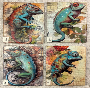 Ceramic Tiles- Coasters -Steampunk Chameleons -1-4- 4.25” x4.25” - Great Adirondack Yarn co.