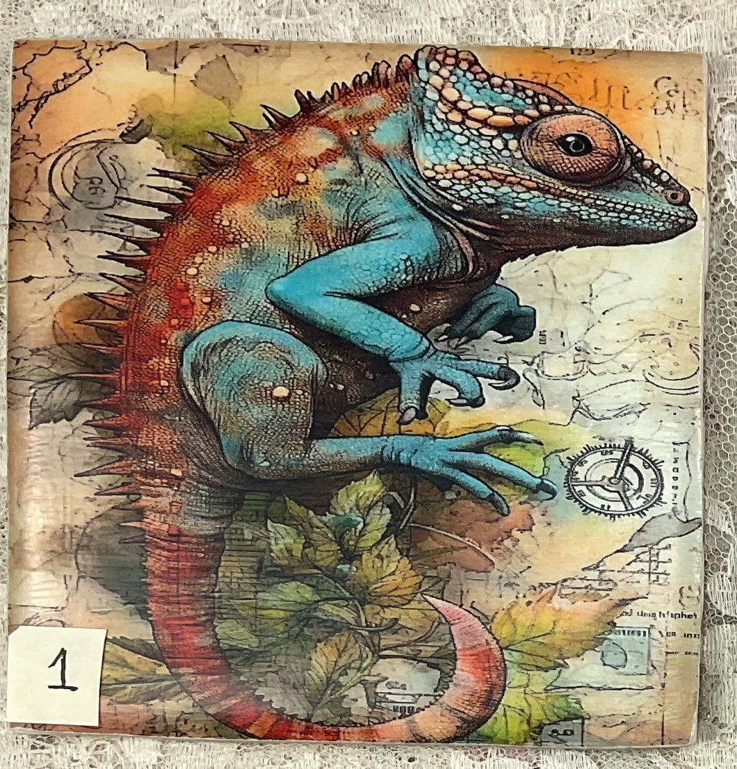 Ceramic Tiles- Coasters -Steampunk Chameleons -1-4- 4.25” x4.25” - Great Adirondack Yarn co.