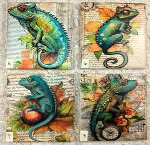 Ceramic Tiles- Coasters-Steampunk Chameleons - 5-8- 4.25” x4.25” - Great Adirondack Yarn co.