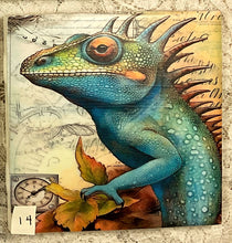 Load image into Gallery viewer, Ceramic Tiles-Coasters - decoupaged-Steampunk Chameleons 9-14-4.25” x4.25” coasters  - Great Adirondack Yarn co.

