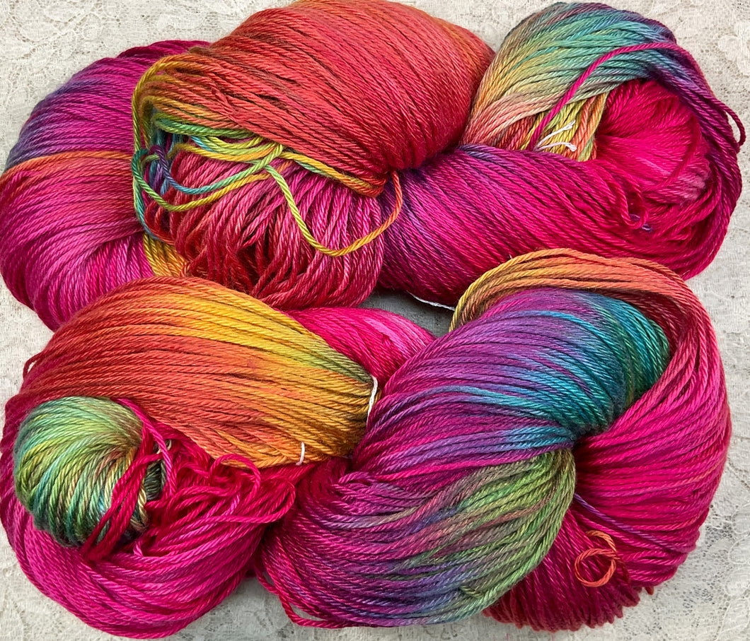 Silk Cotton Fingering Wt yarn 434 yds Hand Dyed -Watermelon -Great Adirondack