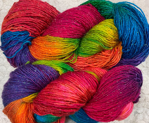 Sock yarn gold sparkle merino Superwash 417 yds Hand dyed Rainbow-Great Adirondack