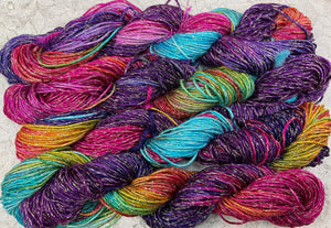 Rayon with gold metallic- dk wt Yarn -100 yds Hand Dyed Color -Pansy-Great Adirondack