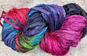 Sari Silk Yarn -50 yds- hand dyed colors-Blue Macaw-Sonoran Desert-Black Fire- Great Adirondack