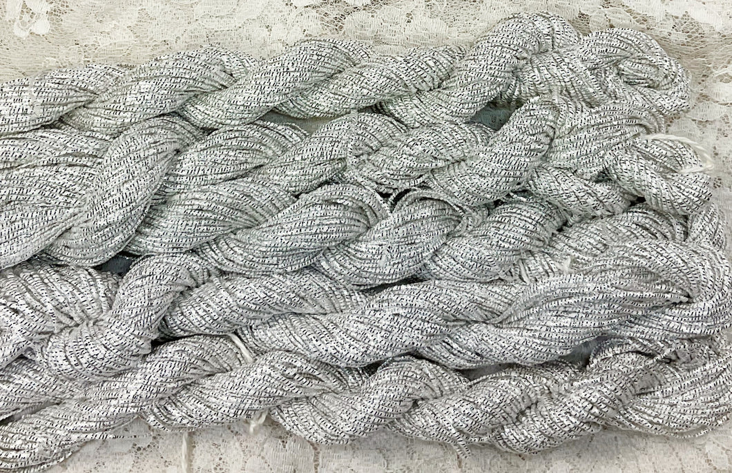 Metallic cotton blend Yarn-cord  75 yds- white with silver metallic- lt sport wt-dyeable SALE-
