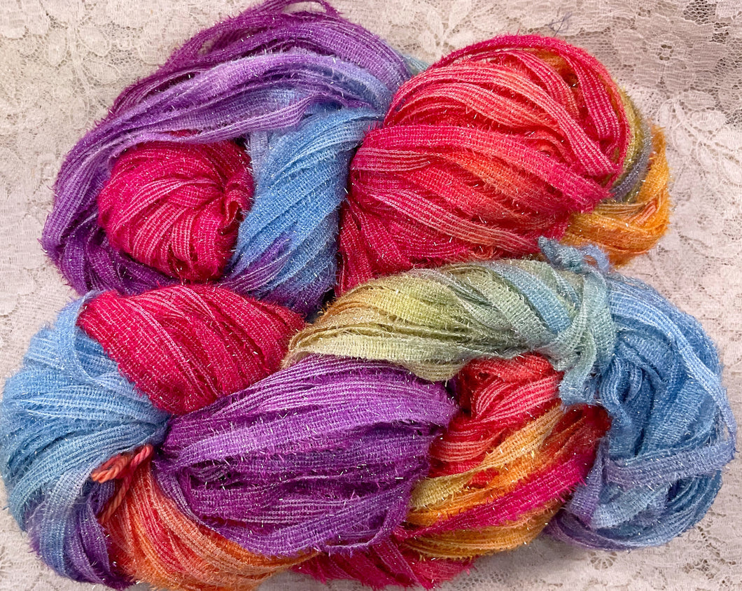 Ribbon Yarn 75 yds with crystal flash aran wt hand dyed - Rainbow
