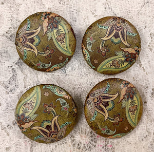 1.08” Leather Buttons -vintage Paisley Prints- olives-maize-Handcrafted- Great Adirondack