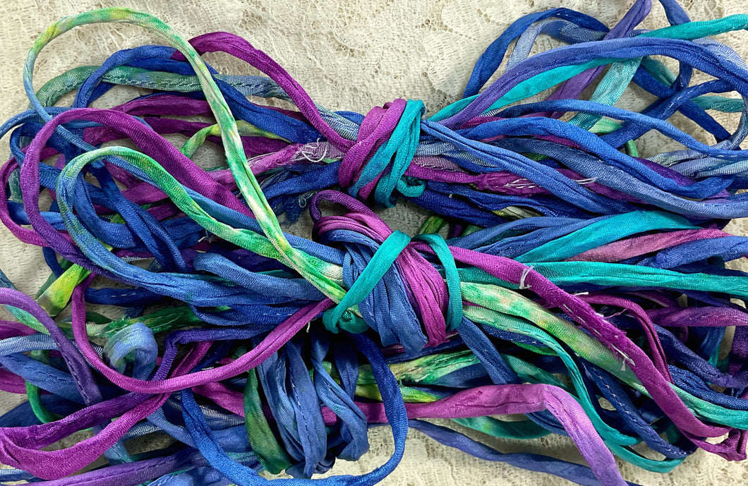 Sari Silk Ribbon Cord 5 yds Color-Lavender multis-recycled yarn