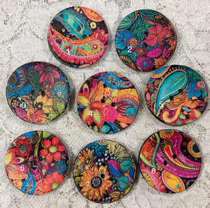 1.25” Coconut Button -Bright Paisleys- 8 assorted styles-Great Adirondack-New