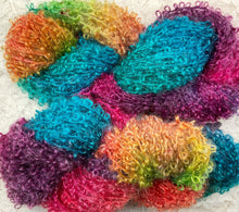 Load image into Gallery viewer, Mohair Boucle Yarn 100 yds hand dyed-worsted wt- colors Tutti Fruitti-Painted Desert-Purple Rainbow
