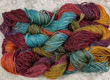 Load image into Gallery viewer, Rayon with gold metallic -dk wt Yarn -100 yds- Hand Dyed-Sage-old Rose-Verdigris-Great Adirondack
