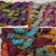 Load image into Gallery viewer, Rayon with gold metallic -dk wt Yarn -100 yds- Hand Dyed-Sage-old Rose-Verdigris-Great Adirondack
