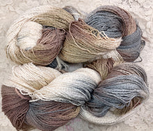 Load image into Gallery viewer, Organic Cotton -fingering wt Yarn- 520 yds -Moonstone-Irish Cream-Mint Candy- great Adirondack Yarn
