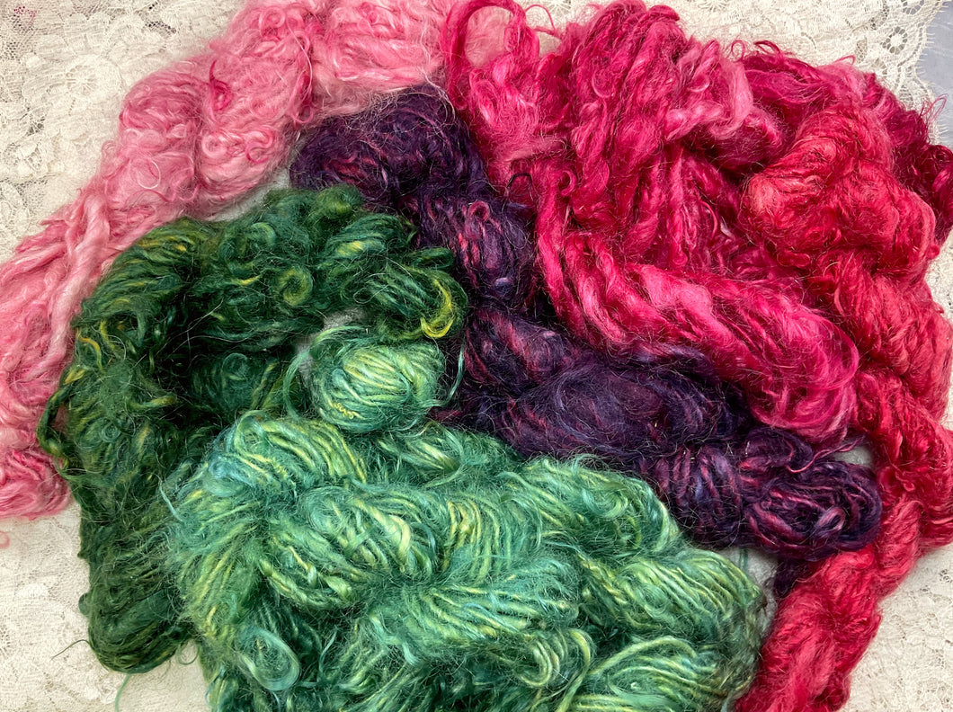 Art Yarn -Handspun skeins of mohair curls in assorted colors -approx 223 yards, 12.3 oz.